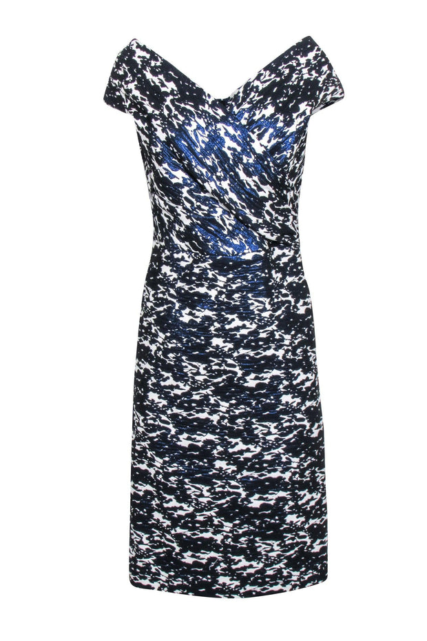 Teri Jon - Metallic Blue & White Print Off The Shoulder Dress Sz 12 Teri Jon - Metallic Blue & White Print Off The Shoulder Dress Sz 12