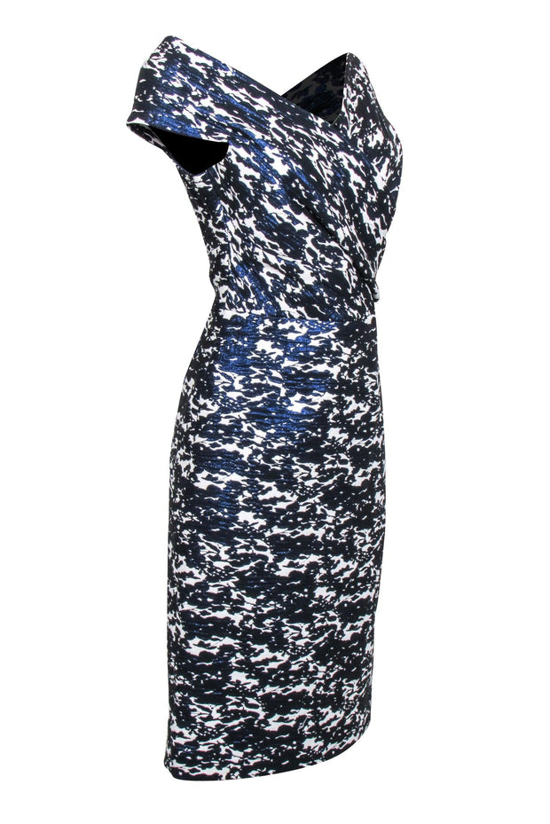 Teri Jon - Metallic Blue & White Print Off The Shoulder Dress Sz 12 Teri Jon - Metallic Blue & White Print Off The Shoulder Dress Sz 12