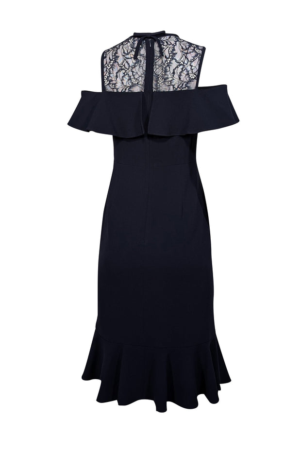 Teri Jon - Navy Ruffled Front Sheath Dress w/ Lace Yoke Sz 2 Teri Jon - Navy Ruffled Front Sheath Dress w/ Lace Yoke Sz 2