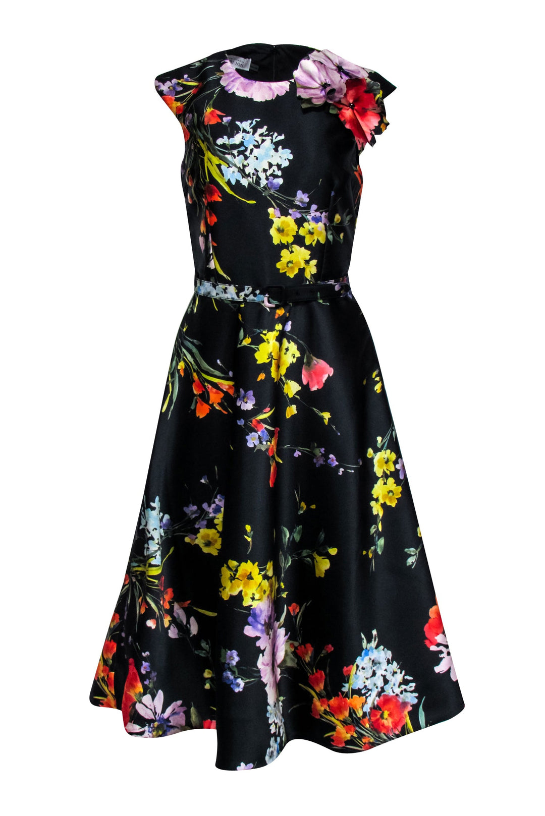 Teri Jon - Black & Multi Color Floral Belted Dress Sz 6 Teri Jon - Black & Multi Color Floral Belted Dress Sz 6