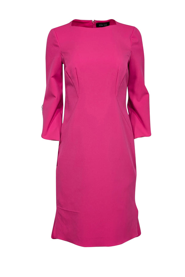 Teri Jon - Hot Pink Pearl Trim Crop Sleeve Fit & Flare Back Ruffle Dress Sz 6 Teri Jon - Hot Pink Pearl Trim Crop Sleeve Fit & Flare Back Ruffle Dress Sz 6