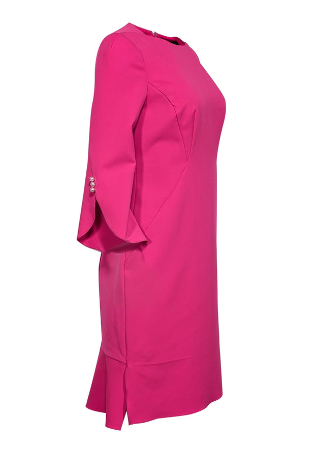 Teri Jon - Hot Pink Pearl Trim Crop Sleeve Fit & Flare Back Ruffle Dre Teri Jon - Hot Pink Pearl Trim Crop Sleeve Fit & Flare Back Ruffle Dre