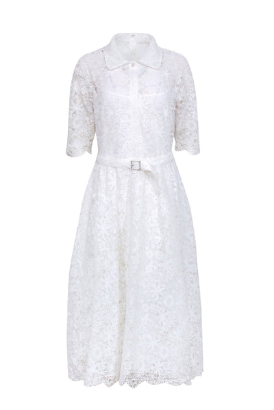 Teri Jon by Rickie Freeman Women's Lace Short-Sleeve Shirtdress - White - Size 12 Teri Jon by Rickie Freeman Women's Lace Short-Sleeve Shirtdress - White - Size 12