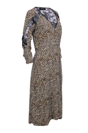 The Kooples - Brown Leopard Print Midi Dress w/ Black Lace Sz S The Kooples - Brown Leopard Print Midi Dress w/ Black Lace Sz S