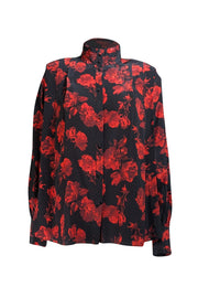 The Kooples - Black w/ Red & White Floral Dot Print Silk Blouse Sz S - Current Boutique