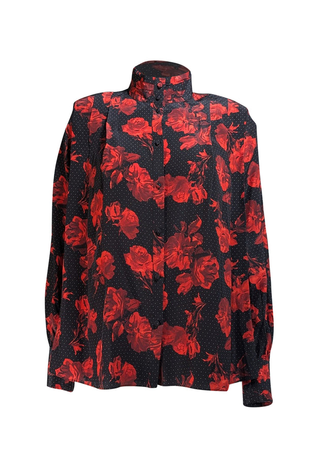 The Kooples - Black w/ Red & White Floral Dot Print Silk Blouse Sz S - Current Boutique