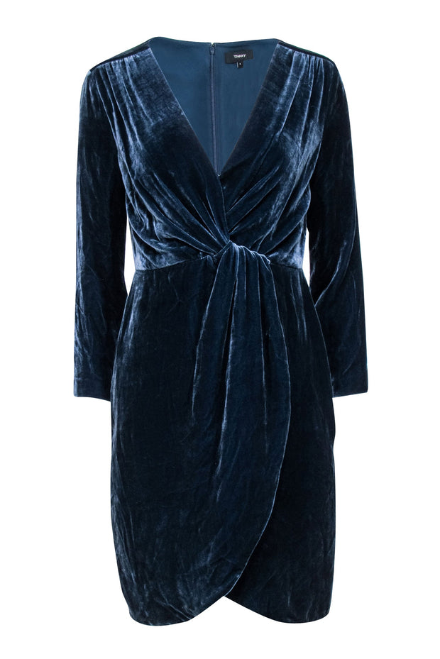 Current Boutique-Theory - Teal Velvet Long Sleeve Faux Wrap Mini Dress Sz 6