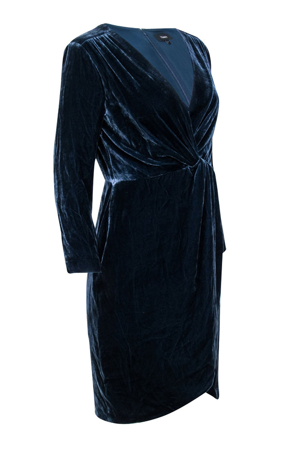 Current Boutique-Theory - Teal Velvet Long Sleeve Faux Wrap Mini Dress Sz 6