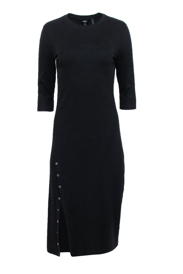 Theory - Black Knit Midi Dress w/ Buttoned Slit Sz M Theory - Black Knit Midi Dress w/ Buttoned Slit Sz M
