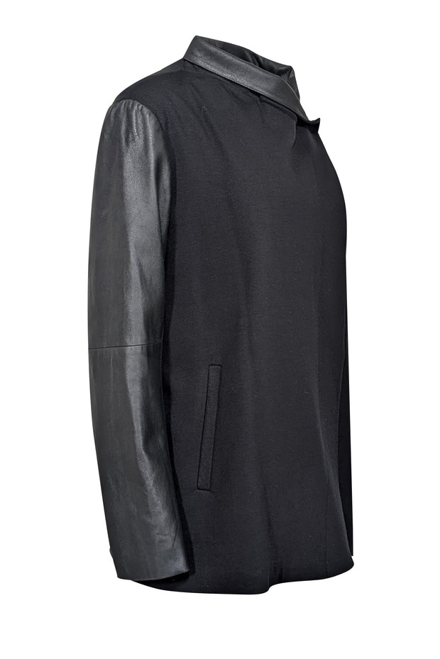 Theory - Black Open w/ Snap Button Closures & Leather Sleeves Jacket S Theory - Black Open w/ Snap Button Closures & Leather Sleeves Jacket S
