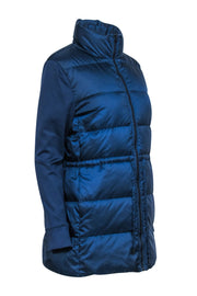 Current Boutique-Theory - Navy Blue Quilted Puffer Coat w/ Drawstring & Scuba Sleeves Sz M
