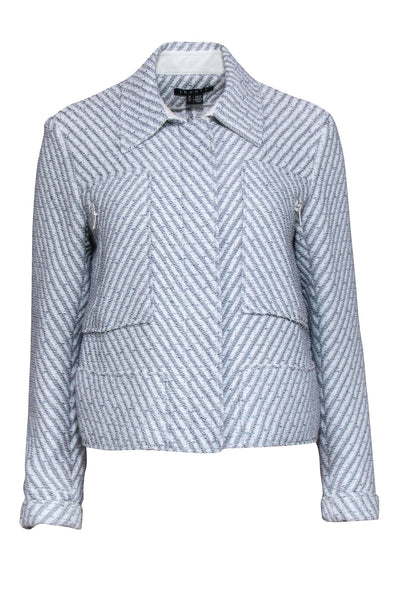 Current Boutique-Theory - White & Blue Textured Tweed Zip Up Moto Style Jacket Sz M