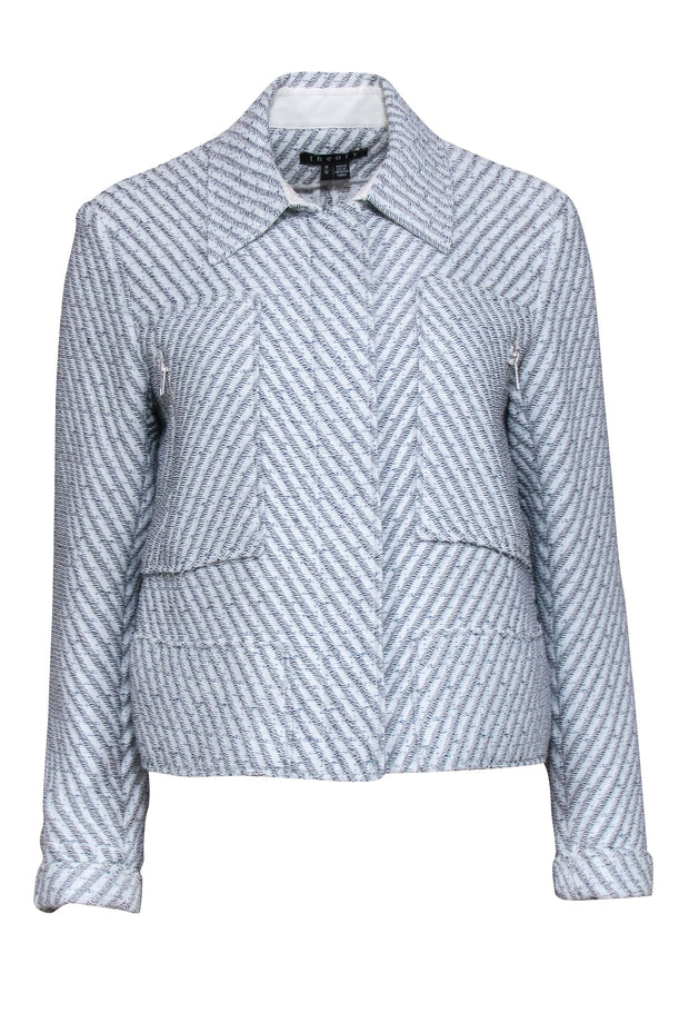 Current Boutique-Theory - White & Blue Textured Tweed Zip Up Moto Style Jacket Sz M