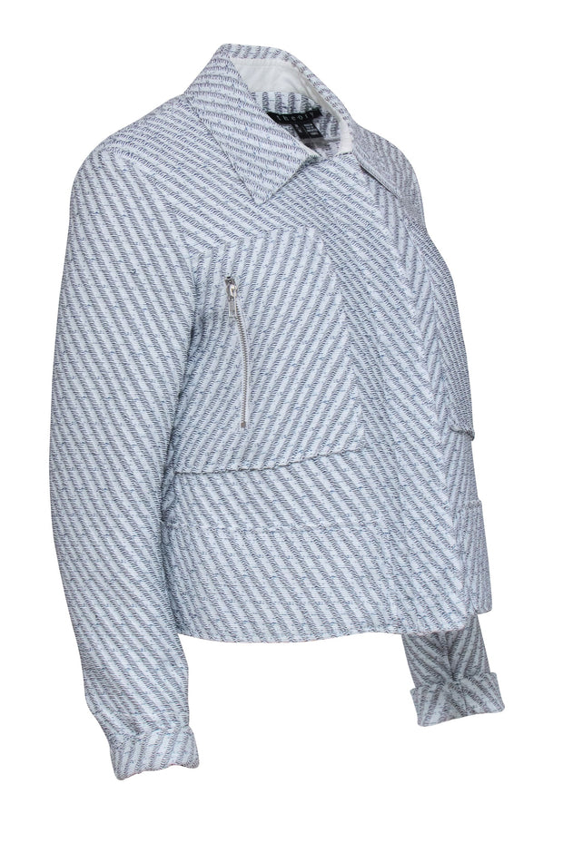 Current Boutique-Theory - White & Blue Textured Tweed Zip Up Moto Style Jacket Sz M