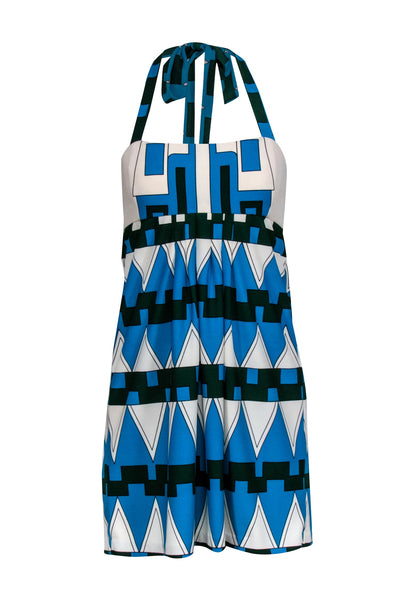 Current Boutique-Tibi - Blue, Green, & Ivory Halter w/ Geometric Print Mini Dress Sz S