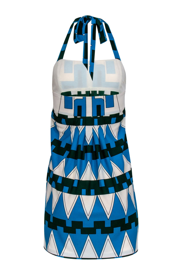 Tibi - Blue, Green, & Ivory Halter w/ Geometric Print Mini Dress Sz S Tibi - Blue, Green, & Ivory Halter w/ Geometric Print Mini Dress Sz S