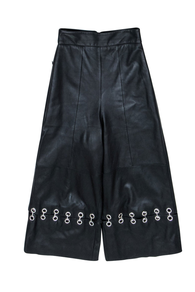Tibi - Black Leather Wide Leg Pants w/ Silver Detail Sz 0