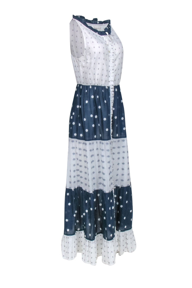 Tigerlily - Navy & White Mixed Print Sleeveless Maxi Shirtdress Sz 4 Tigerlily - Navy & White Mixed Print Sleeveless Maxi Shirtdress Sz 4
