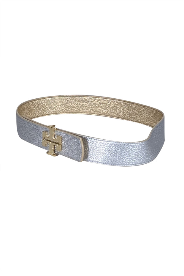 Tory Burch Gold Silver Leather Reversible Belt w/ Logo Buckle