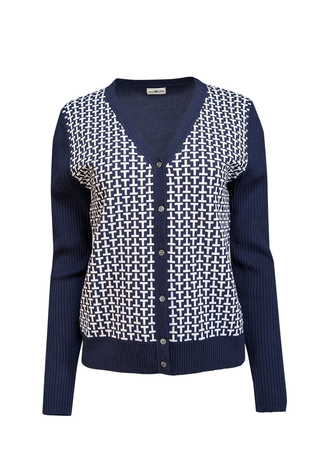 Tory Burch - Navy & White Logo T Ribbed Cardigan Sz M Tory Burch - Navy & White Logo T Ribbed Cardigan Sz M