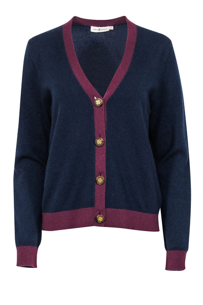 Current Boutique-Tory Burch - Navy & Maroon Cashmere V-neck Cardigan Sz L