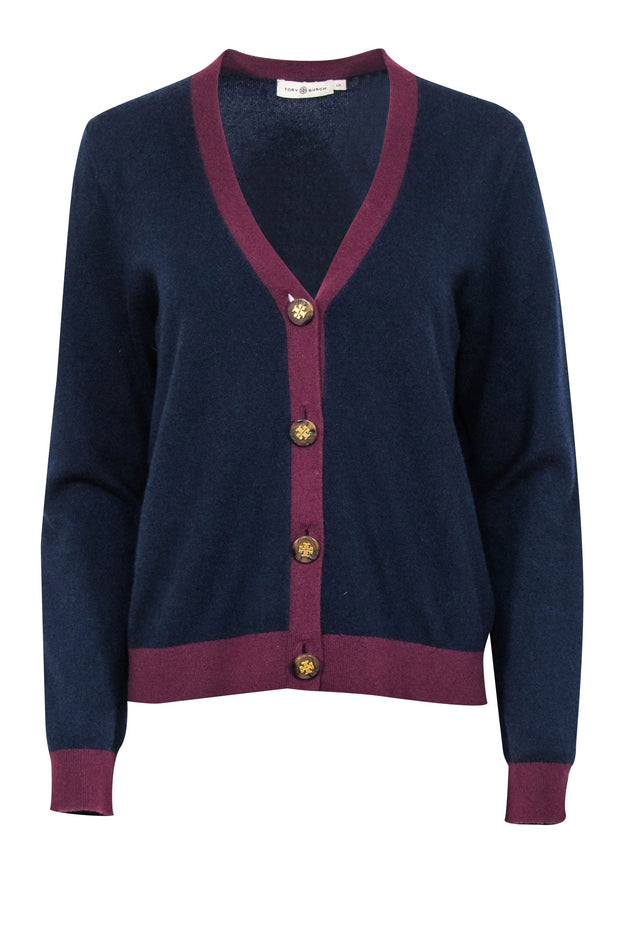 Current Boutique-Tory Burch - Navy & Maroon Cashmere V-neck Cardigan Sz L