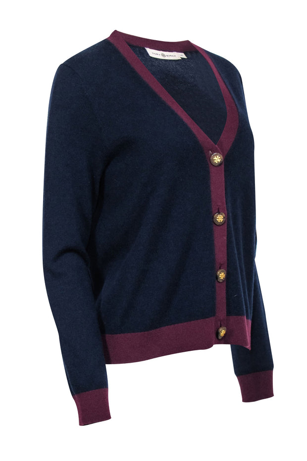 Current Boutique-Tory Burch - Navy & Maroon Cashmere V-neck Cardigan Sz L
