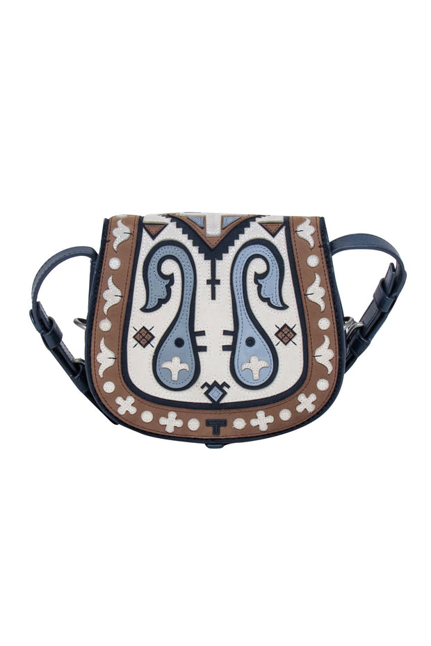 Current Boutique-Tory Burch - Navy, Cream, & Tan Print Leather Crossbody Bag