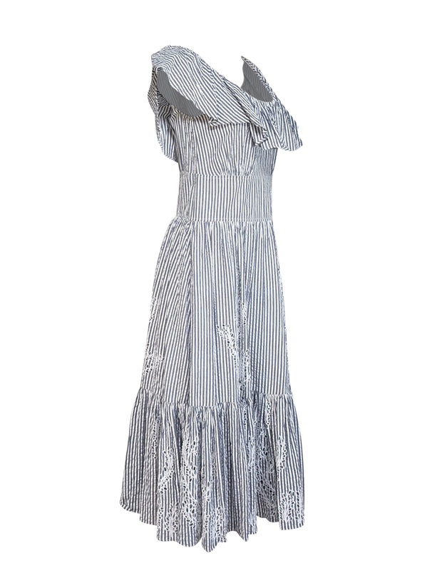 Current Boutique-Tory Burch - Charcoal & White Striped Cotton Dress w/ Eyelet Embroidery Sz 8