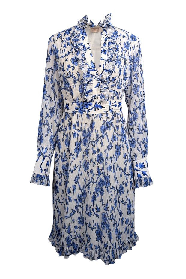 Tory Burch - Off-White & Blue Floral Print Crinkled Chiffon Dress Sz 8 Tory Burch - Off-White & Blue Floral Print Crinkled Chiffon Dress Sz 8