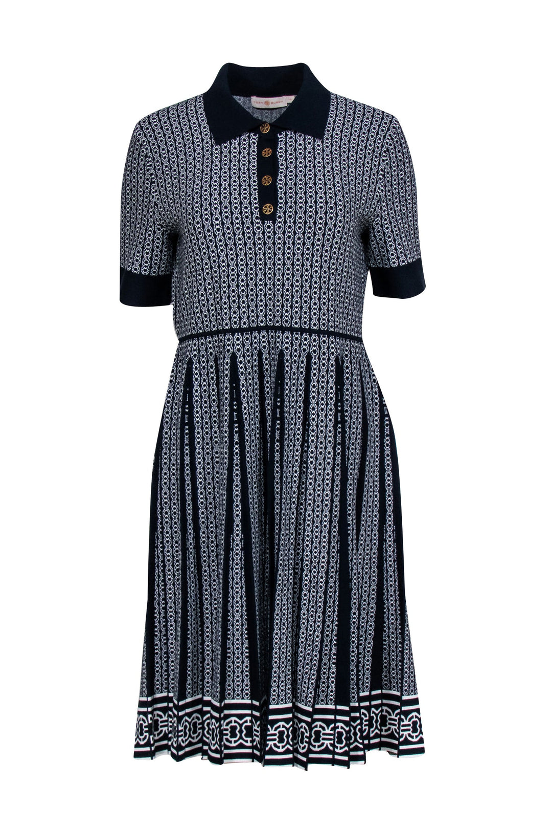 Tory Burch - Navy & Ivory Double Link Patterned Jacquard Dress Sz L Tory Burch - Navy & Ivory Double Link Patterned Jacquard Dress Sz L