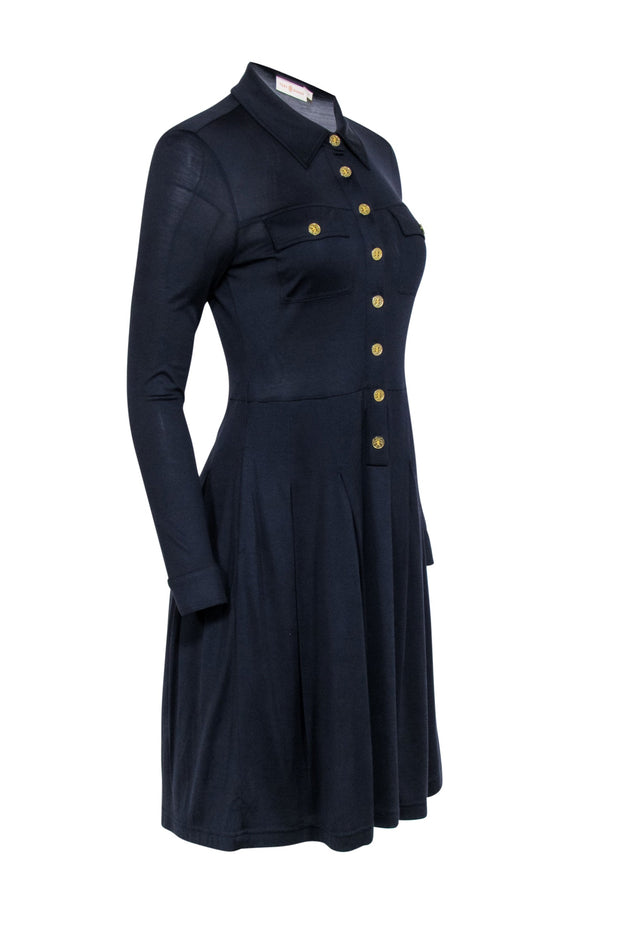 Tory Burch - Navy Silk Pleated Shirt Dress Sz S Tory Burch - Navy Silk Pleated Shirt Dress Sz S