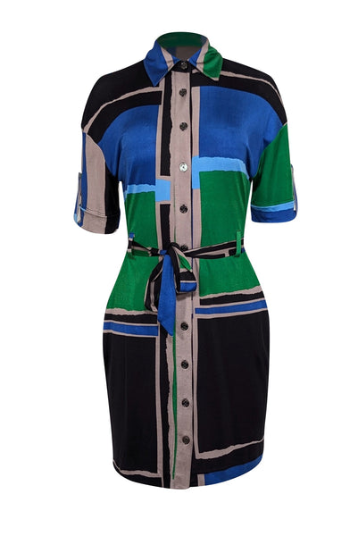 Tory Burch - Black, Blue, Green, & Taupe Color Block Collared Cropped