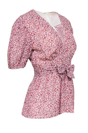 Current Boutique-Tory Burch - Ivory & Salmon Floral Print Puff Sleeve Blouse Sz 10