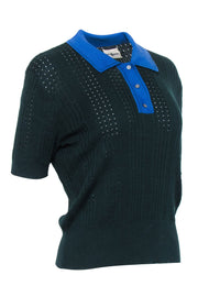 Current Boutique-Tory Burch Sport - Dark Green Knit Polo Top w/ Blue Contrast Collar Sz L