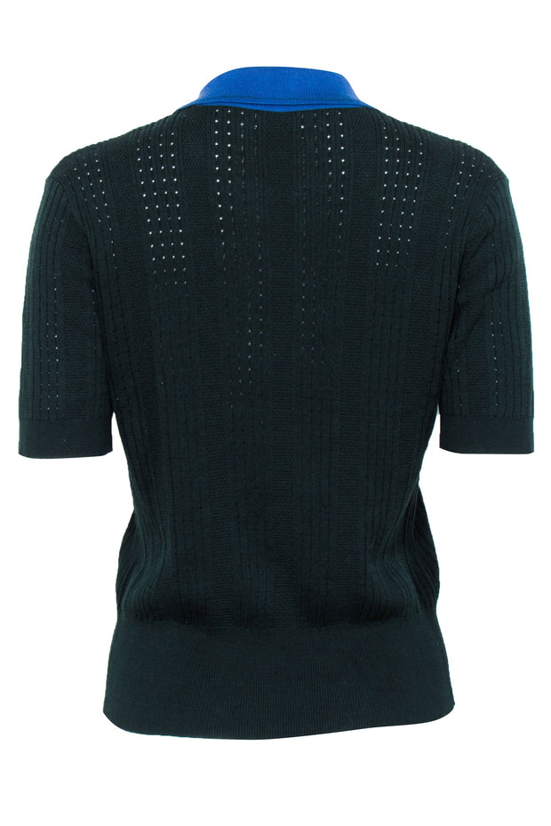 Current Boutique-Tory Burch Sport - Dark Green Knit Polo Top w/ Blue Contrast Collar Sz L