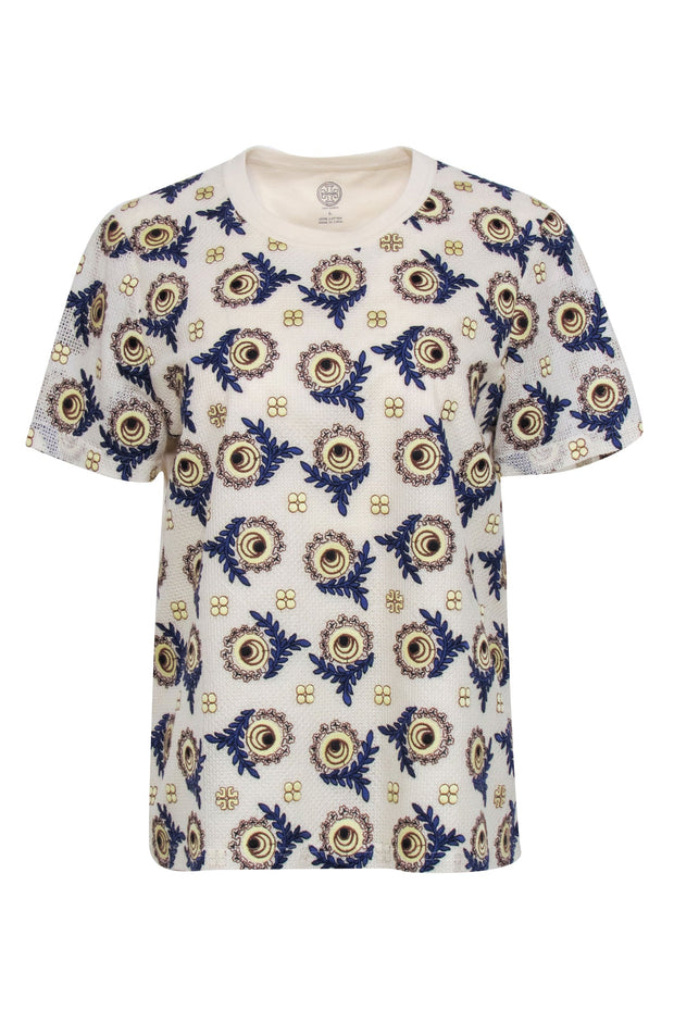 Current Boutique-Tory Burch - Beige, Blue, & Cream Embroidered Print Shirt Sz L