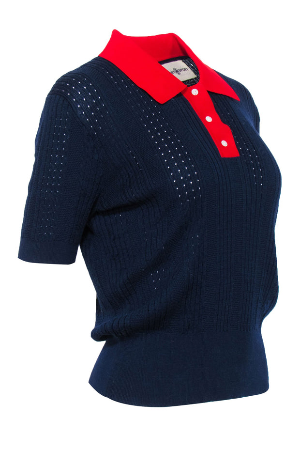 Current Boutique-Tory Burch Sport - Navy Knit Polo Top w/ Red Contrast Collar Sz L