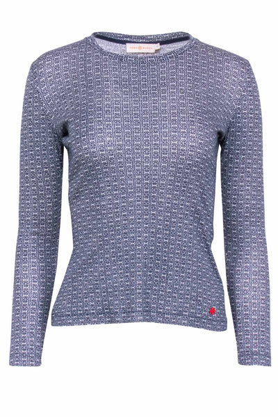 Current Boutique-Tory Burch - Navy & Cream Print Long Sleeve Top Sz S