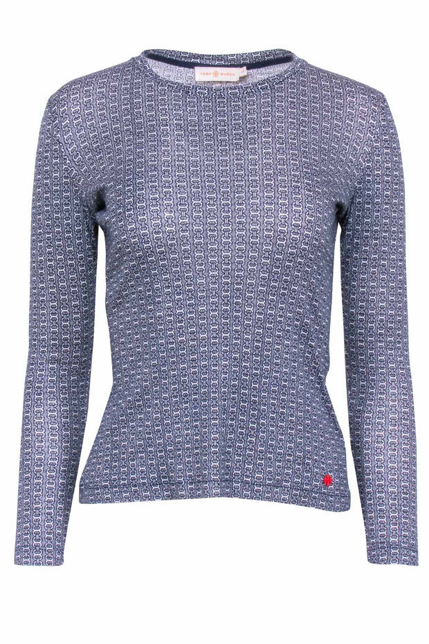 Current Boutique-Tory Burch - Navy & Cream Print Long Sleeve Top Sz S
