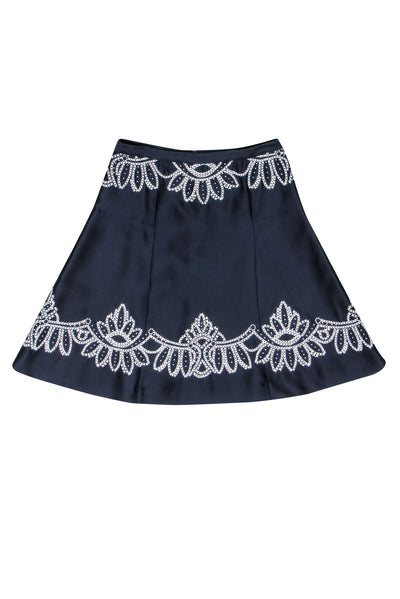 Current Boutique-Tory Burch - Navy w/ White Embroidered Print Skirt Sz 6