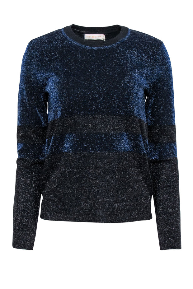 Current Boutique-Tory Burch - Navy & Black Sparkly Metallic Crewneck Sweater Sz S