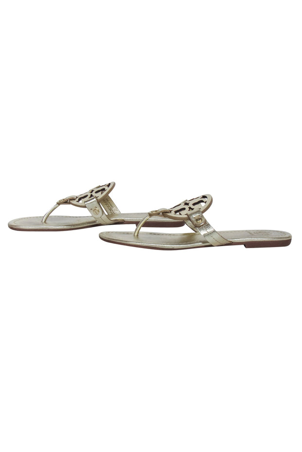 Current Boutique-Tory Burch - Gold Metallic Logo Toe Thong Flip Flops Sz 6