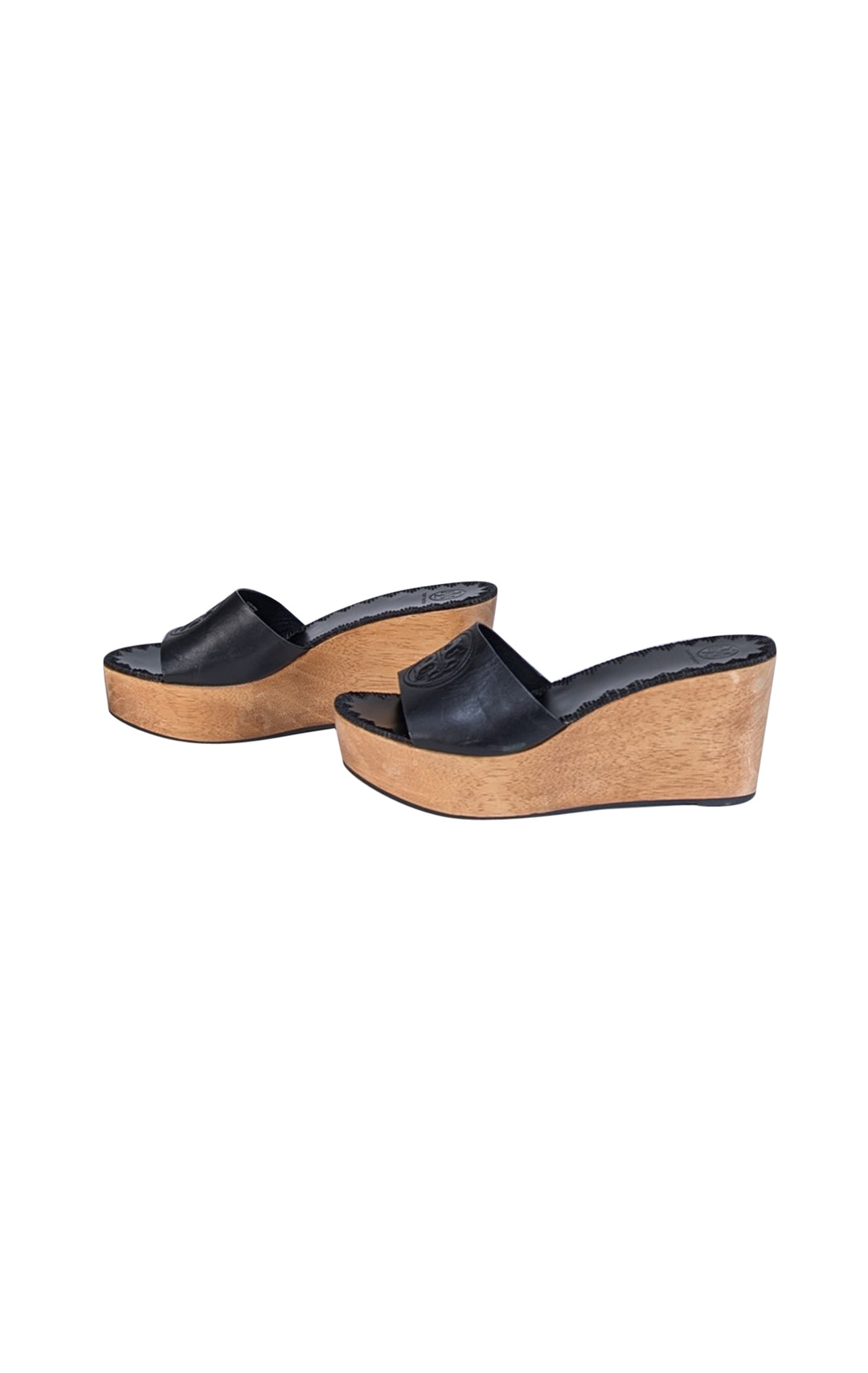 Tory Burch 黒 レザー ウェッジソール　ゴールドロゴ付　箱付　23.5 Tory Burch 黒 レザー ウェッジソール ゴールドロゴ付 箱付 23.5