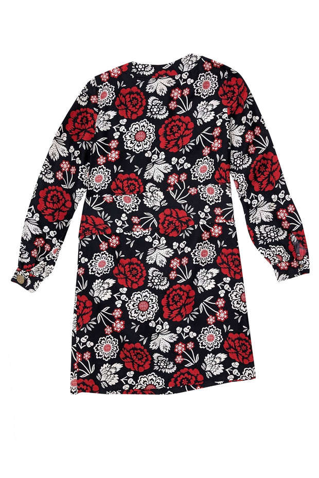 Tory Burch - Navy, Red, & Cream Floral Print Gold Button Front Dress S Tory Burch - Navy, Red, & Cream Floral Print Gold Button Front Dress S