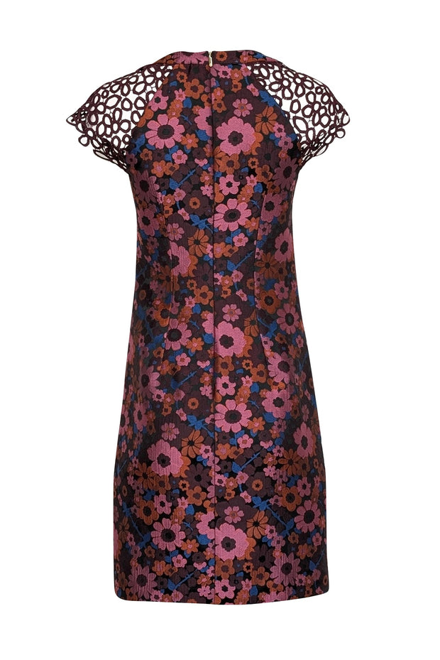 Trina Turk - Black & Maroon Floral Print Dress w/ Crochet Cap Sleeves Trina Turk - Black & Maroon Floral Print Dress w/ Crochet Cap Sleeves