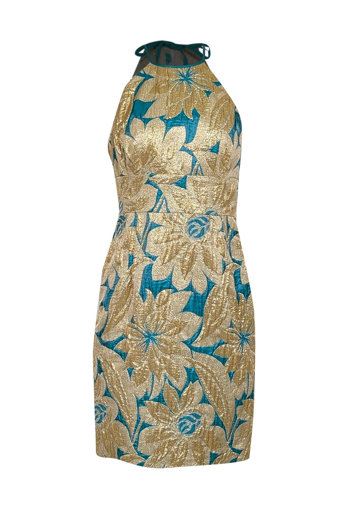 Trina Turk - Teal Green & Gold Large Brocade Print Sleeveless Open Bac Trina Turk - Teal Green & Gold Large Brocade Print Sleeveless Open Bac