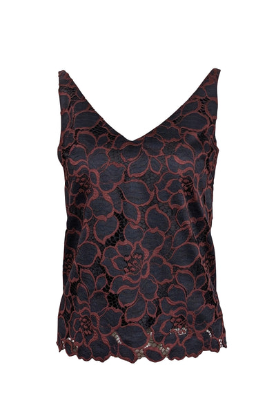Current Boutique-Trina Turk - Dark Navy & Maroon Floral Eyelet Lace Top Sz XS