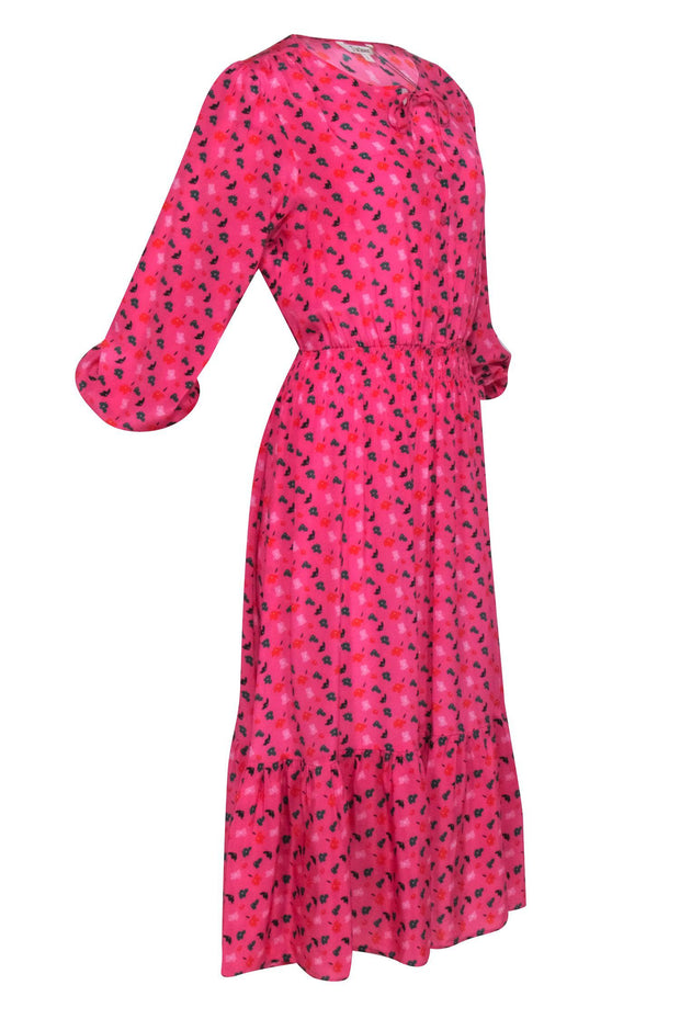 Tucker - Pink w/ Green & Orange Floral Long Sleeve Smocked Waist Dress Sz L Tucker - Pink w/ Green & Orange Floral Long Sleeve Smocked Waist Dress Sz L