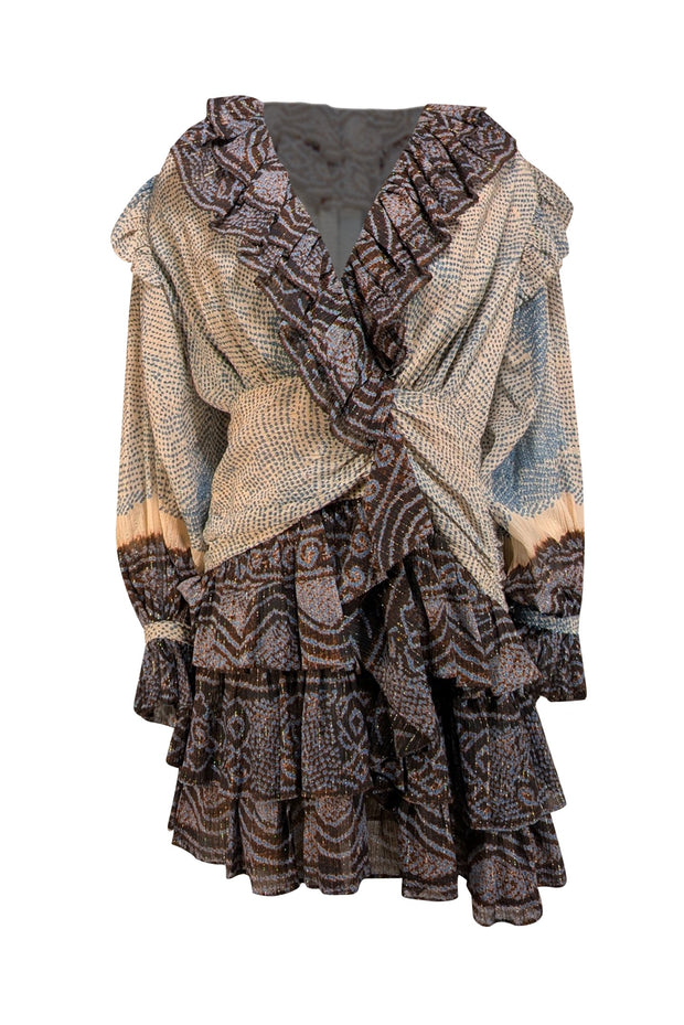 ulla johnson beige dress Ulla Johnson // Beige & Multicolour Floral Pleated Tiered Dress – VSP  Consignment main image 1